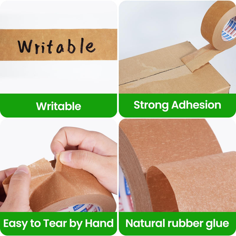 ADHES Heavy Duty Paper Packing Tape Kraft Paper Tape, Eco Friendly & Biodegradable, Writable & Uncoated Brown Packing Tape for Masking, Sealing, and Packaging Use, 2 Inch x 43 Yards, 3 Rolls