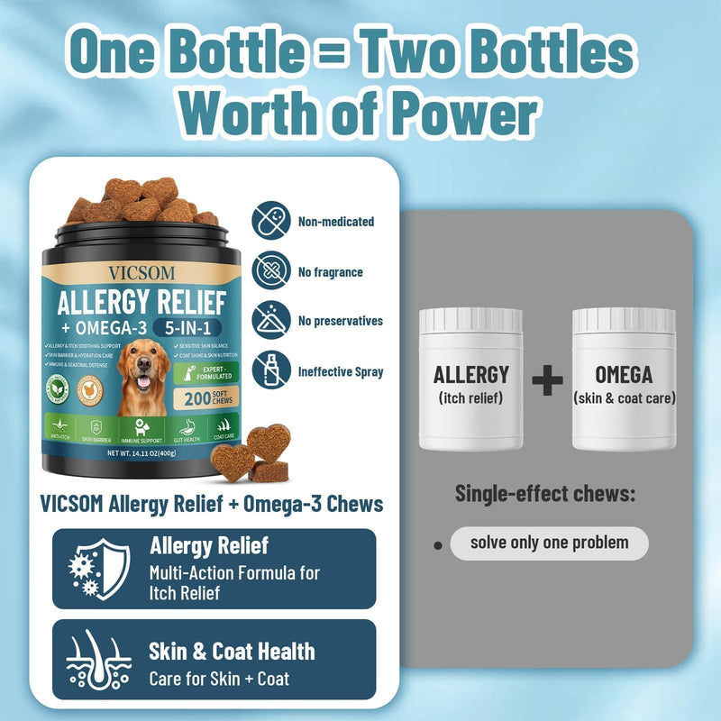 Dog Allergy Chews Omega 3 is Human, Dog Allergy Relief Itch Relief, 200 Chews Anti-Itch for Dogs Itchy Skin, Ear & Paw Licking, Allergy Relief Chews with Probiotics Fish Oil for Gut, Immune & Coat