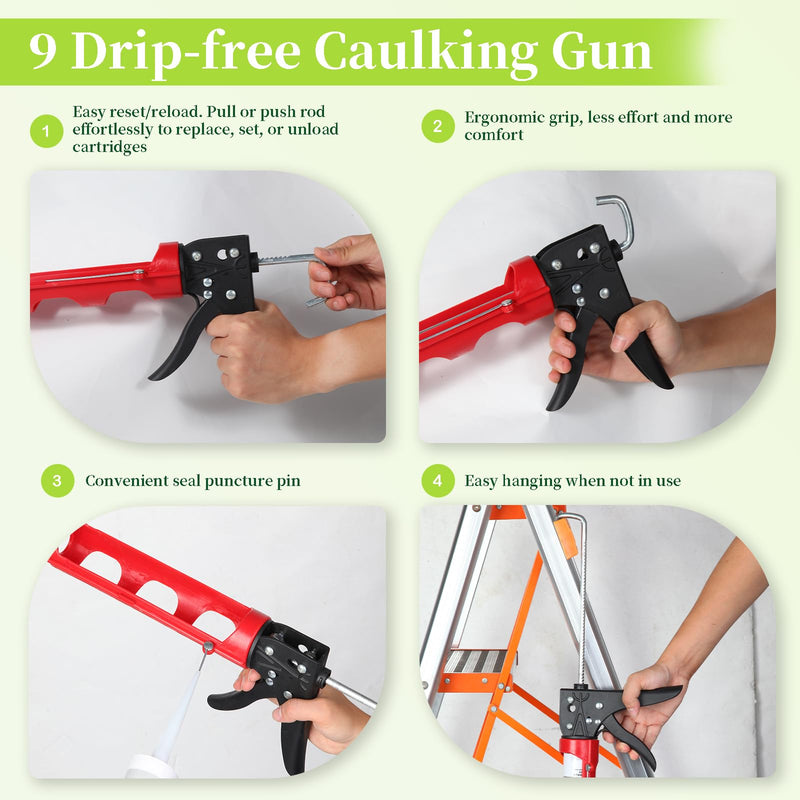 Drip-free Caulking Gun Ratchet Rod Silicone Gun Sealant Dispenser Joint Grouting Gun 15:1 Thrust Ratio Labor-Saving Lightweight Nylon Frame Cartridge Gun for 10oz/300ml Standard Caulk Tubes Y01