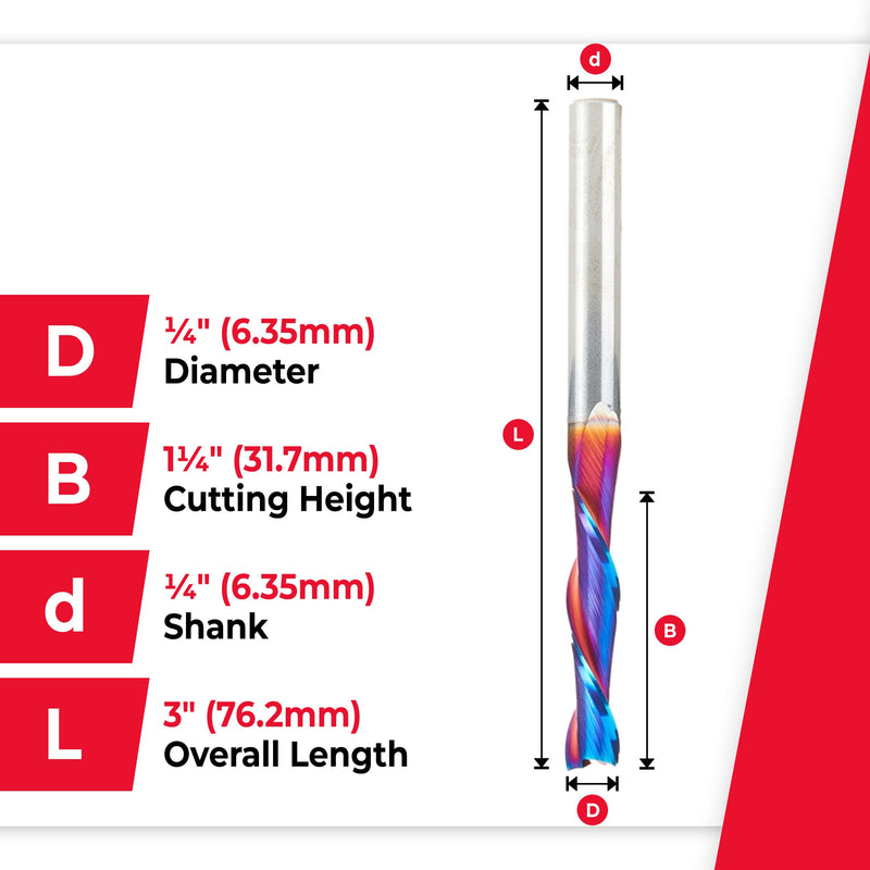 Amana Tool Spektra Extreme Tool Life Coated Solid Carbide Spiral Plunge Router Bit, 46321-K, 1/4 Dia x 1-1/4 CH x 1/4 Shank 3 Inch Long Up-Cut