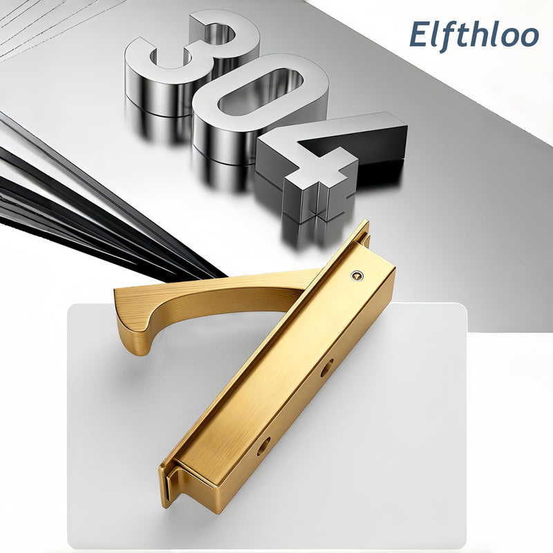 2 Pack Recessed Pocket Door Flush Mount Pull Handle, Elfthloo Stainless Steel Hidden Finger Design Sliding Door Hardware, Brushed Brass Finish, Edge Flush for Modern Furniture 2 Pack Brushed Gold