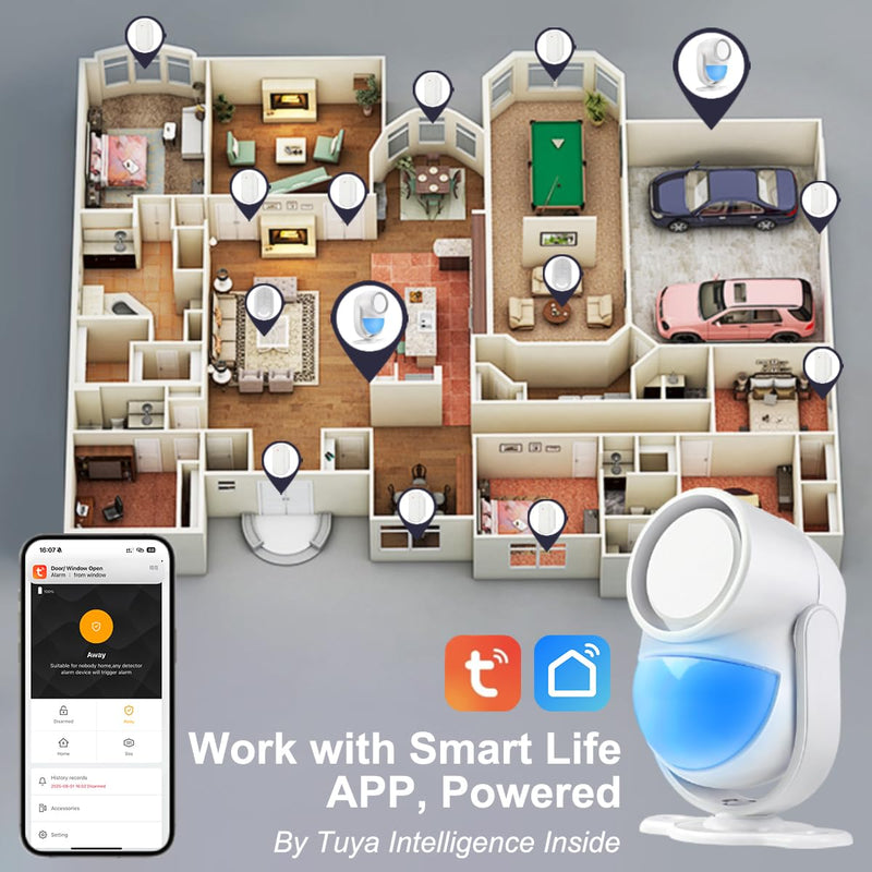Motion Sensor Alarm - Driveway Alarm with 4 Door Window Sensors and 2 Remotes, with APP Alerts WiFi PIR Motion System Detector, for Home, Garage, Ranch, Van, Carport, Shop , 120dB Extra Loud White