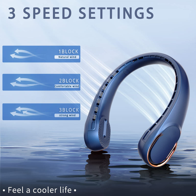 Neck Fan, USB Rechargeable Personal Fan, 4000 mAh Battery Operated, 3 Speeds Adjustable, Faster Cooling, Ultra Quiet, Suitable for Home, Office, Travel, Sports Blue