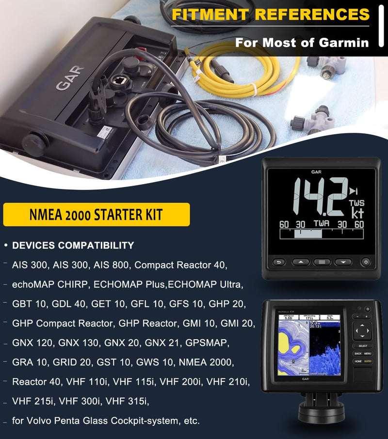 010-11442-00 NMEA 2000 Starter Kit for Garmin ECHOMAP Chirp, ECHOMAP Plus, NMEA 2000 Power Cable, Backbone Cable, Drop Cable with T-Connector and Female Male Terminator
