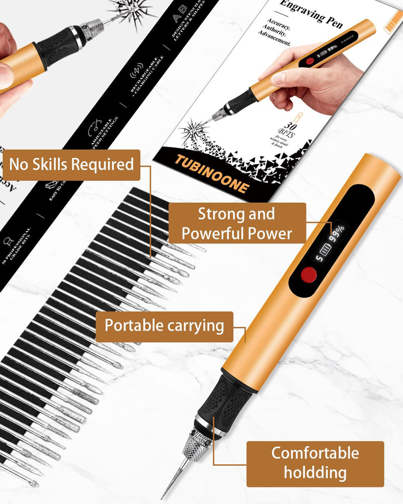 Updated Engraving Pen Ultimate Cordless Portable Tool for Artists & DIYers - Engrave 60+ Surfaces - Beginner Friendly - Rechargeable - Free 30 Bits & Mastery Guide (Gold) Gold