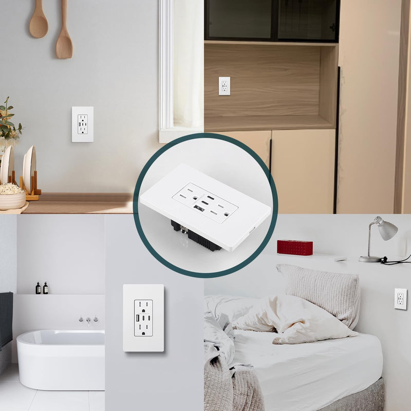 USB Wall Outlets, 3-Port USB C Outlet Receptacles, 30W 6.0A USB Electrical Outlet, 15 Amp Tamper-Resistant Outlet with Dual C Ports, ETL & FCC Listed, Screwless Wall Plate Included, White 15A 1