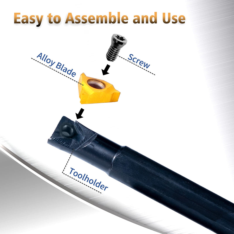 Lathe Turning-Tools Threading Holder - Metal Lathe Cutting Tools 1/2" External SER1010H11+3/8" Internal SNR0010K11 Turning Holders with Indexable Carbide Inserts 10pcs Golden for Lathe Tools