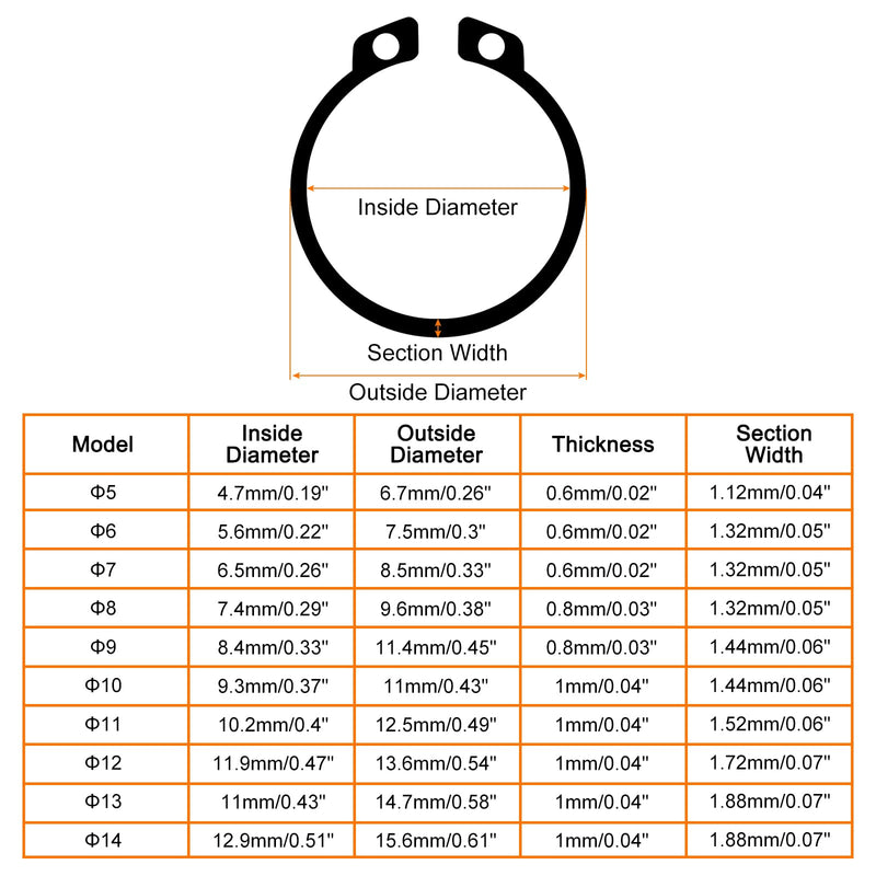 uxcell 145 Pcs External Retaining Rings, 10 Sizes(M5, M6, M7, M8, M9, M10, M11, M12, M13, M14) 65Mn Carbon Steel Circlip Snap Rings Assortment Kits for Valves Electrical Appliances
