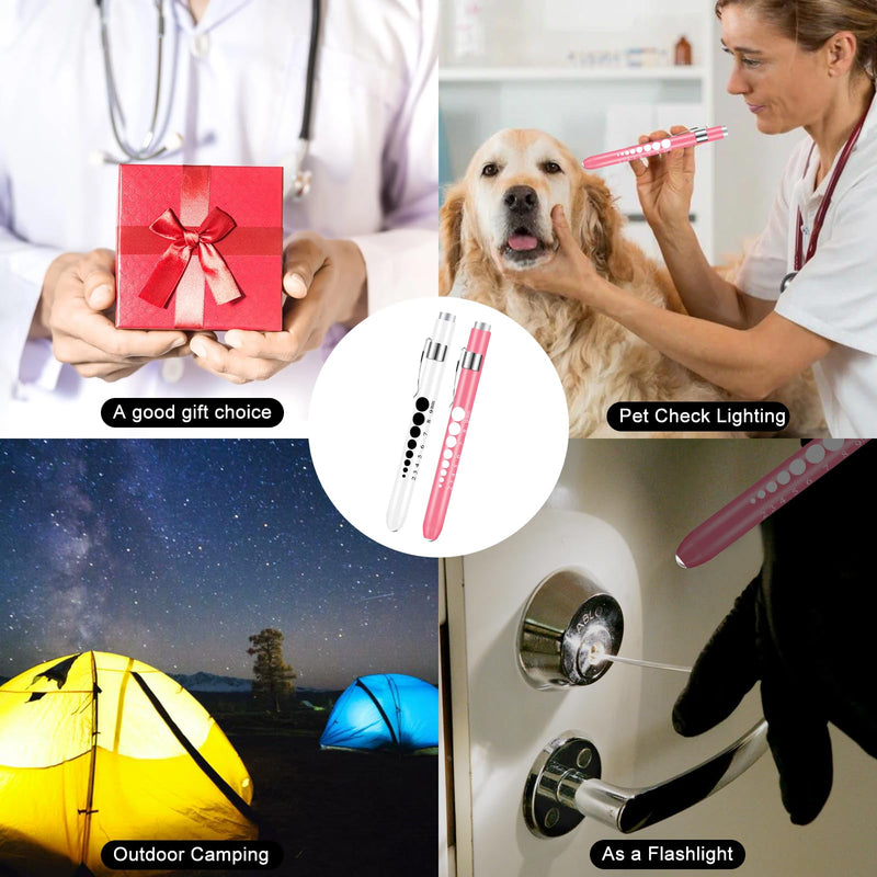 Pen Light with Pupil Gauge Nursing Pen Lights for Nurses 2 Pack Reusable Pupil Penlight Medical for Nursing Students Doctors EMTs White Light LED Penlights for Nurses with 4 Batteries Pink and White