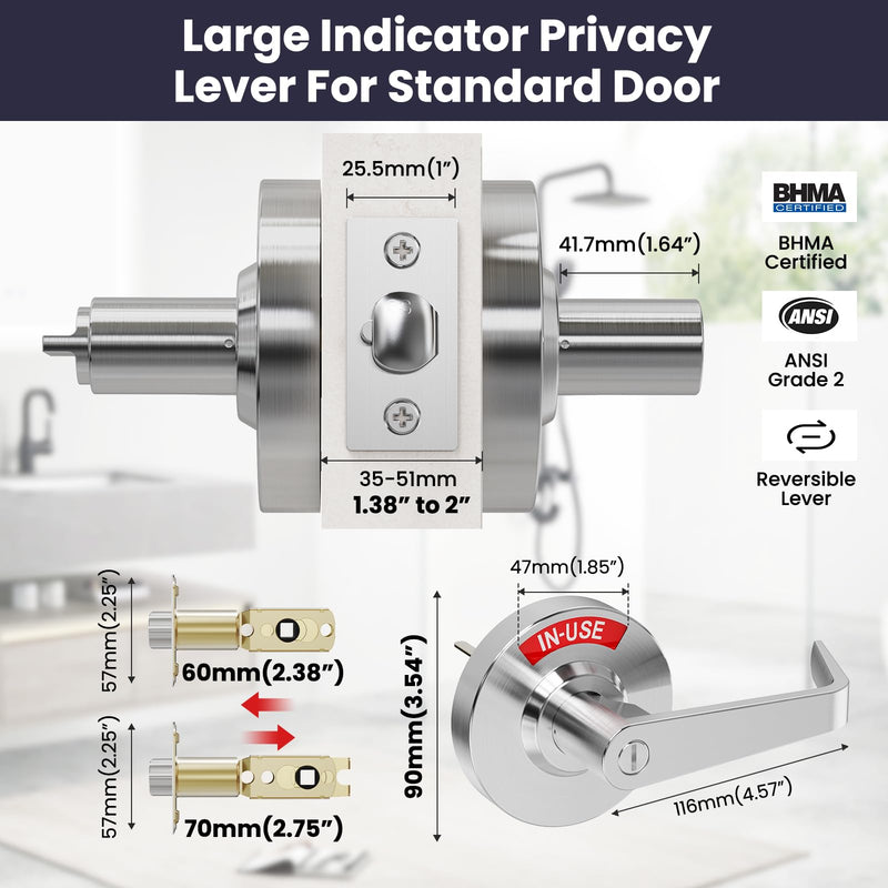 Privacy Indicator Lock Inuse or Vacant, Occupied Door Handle, Bathroom Lever Lock, ANSI Grade2 Commercial Grade, Perfect for Office Buildings, Warehouse,Bars,Gyms,Restaurant Satin Chrome