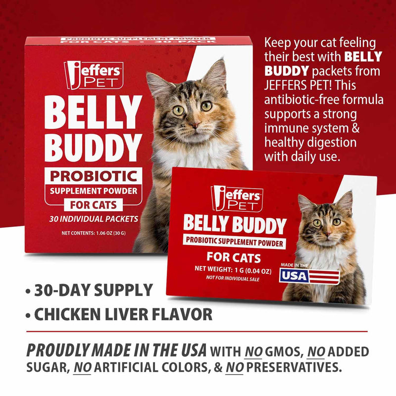 Jeffers Belly Buddy Cat Probiotic Powder Packets, 30 Count - Veterinary Formulated, Four Probiotic Strains & Vitamins for Gut Health, Diarrhea & Digestive Balance, Chicken Liver Flavor, USA Made For Cats 30 ct