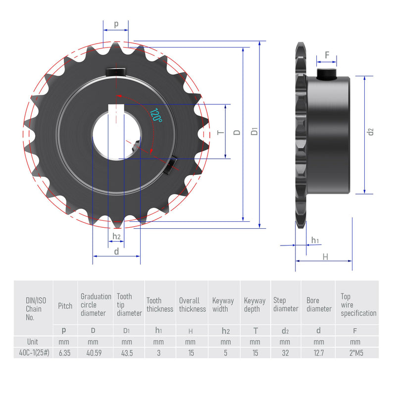 20 Tooth Roller Chain Sprocket B Type Hardened Teeth, 25 Chain Sigle Strand 1/4-Inch Pitch, 1/2" Bore Black Oxide C45 Carbon Steel, Keyway with Fasten Screws for 04C Chain 20T/12.7(5x2.3)mm keyway