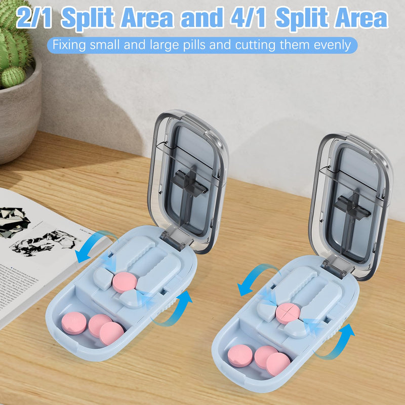 Pill Cutter Splitter for Small and Tiny Pills, Larger Pills, Adjustable 1/2 1/4 Splitter with Improved Sharp Blade, Accurate Centering Alignment Device (Blue) Blue