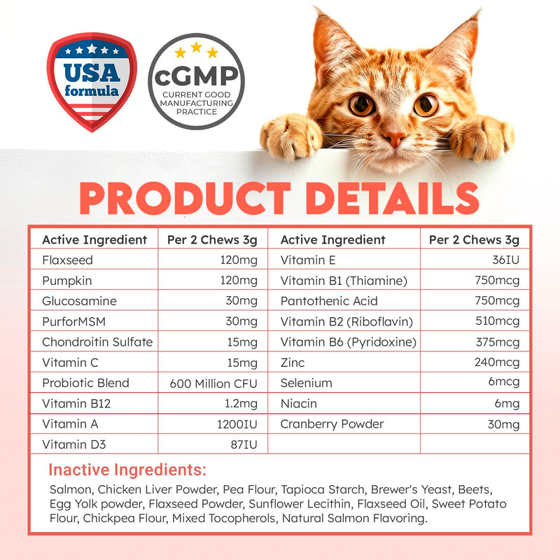 Cat Vitamins for Indoor & Outdoor Pets - 200 Chews - Healthy Cat Treats - Immune, Joint Support, Skin & Digestion - Multivitamin with Omega 3s, Glucosamine & Probiotics