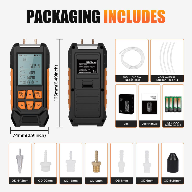 Manometer, Dual Port Digital Manometer -100~200kPa, 10 Units, 7 Adapters, HVAC Gas Pressure Tester with Backlight LCD Display, Data Hold/Record, Flashlight