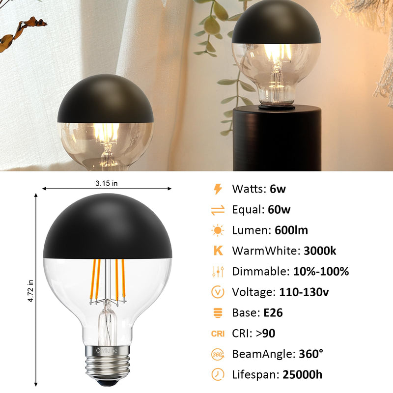 Half Chrome Light Bulb 6W (60W Equivalent), Dimmable Decorative LED Edison Bulb G80/G25, E26 3000K Soft White Globe Tipped Edison Bulbs, Globe Shape LED Bulb,E26 Base Pack of 6 G80-Black-6W-3000K