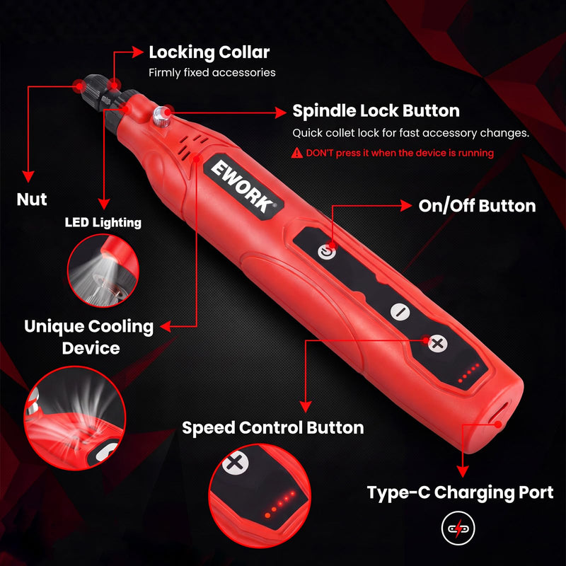 EWORK 71PCS Mini Rotary Tool, 5-Speed Rotary Tool Kit for DIY Enthusiasts Red (71pcs)