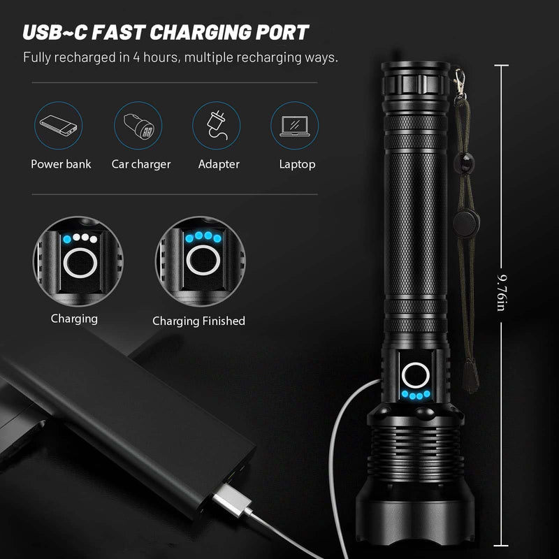 Rechargeable Flashlights 90,000 Lumens, Super Bright LED Flashlight High Lumens with USB Cable, 5 Modes Waterproof Flashlight Powerful Flash Light for Home Camping Hiking