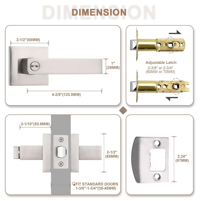Satin Nickel Lever Door Handles, Privacy Door Handle with Lock, Interior Square Door Handle for Bathroom Bedroom 1 Satin Nickel