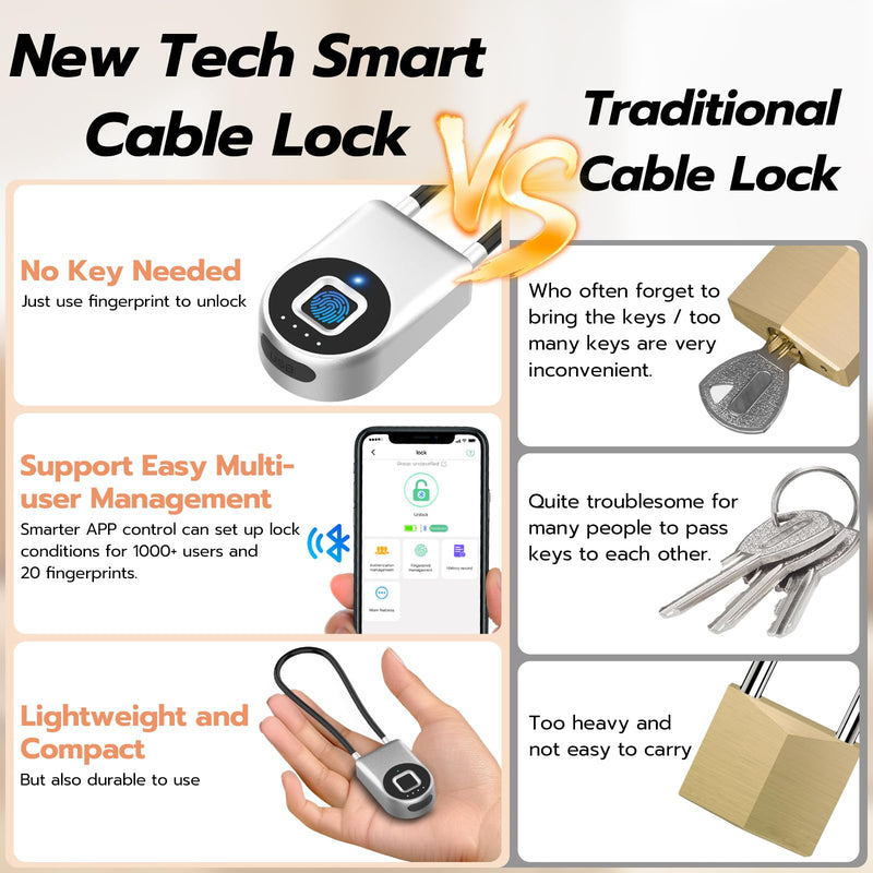 Fingerprint Cable Lock, eLinkSmart Fridge Locks with Bluetooth APP Control, Biometric Smart Padlock for Adults Baby Proof Cabinet Refrigerator French Door Cabinet Gate Locker Bike, 8.6'' Long Silver Silver-22cm