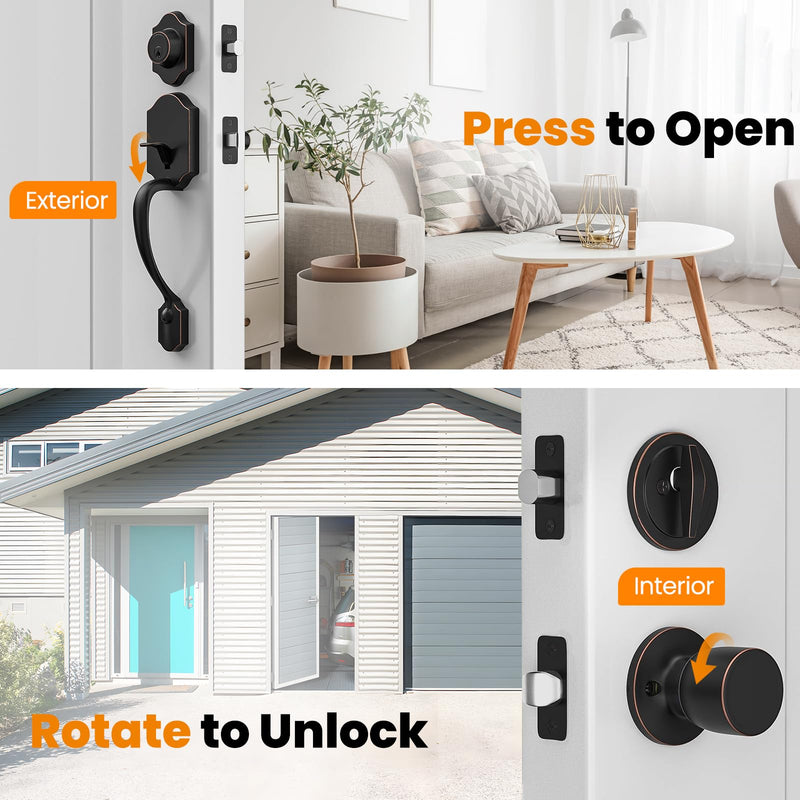 HOSOM Front Door Handle and Deadbolt Set, Single Cylinder Exterior Front Door Lock Set with Interior Door Knob, Front Door Knob Reversible for Right and Left Handed, Oil Rubbed Bronze