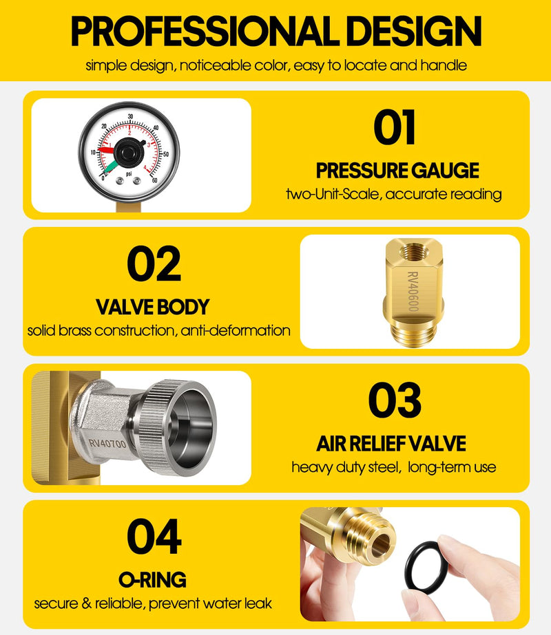 98209800 High Flow Manual Relief Valve/Air Relief Manual Valve Assembly with Pressure Gauge, Replacement for Pool and Spa Filter (RV40600 (98209800 Brass)) RV40600 (98209800 brass)