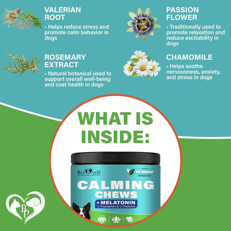 Beloved Pets Calming Chews for Dogs & Puppy - Pet Separation Anxiety Relief Soft Treats & Calm Behavior Aid - Melatonin for Sleep- Anti Stress Treatment Help with Thunder- Made in USA