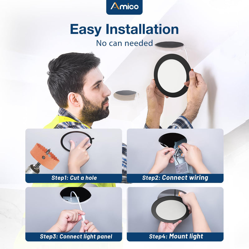 Amico Black 7 Inch 5CCT 1 Pack Ultra-Thin LED Canless Recessed Ceiling Light with Junction Box, 2700K-5000K Selectable, 1300LM Brightness, 15W=100W, Dimmable Wafer Downlight-ETL&FCC