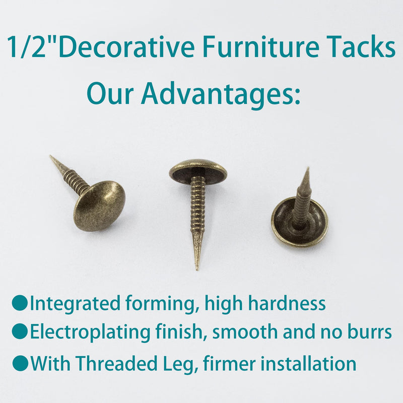 100 PCS Mini Upholstery Nails, 1/2" Decorative Furniture Tacks, Round Head Furniture Thumb Pushpins DIY Tacks with Threaded Leg for Sofa Bed Message Board Photo Walls, Bronze 1/2"-Bronze