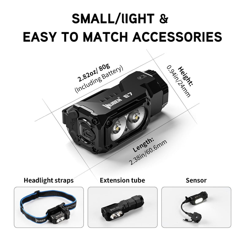 WUBEN E7 1800 Lumen Rechargeable Mini Flashlight with Magnet - Super Bright 6 Modes EDC Flashlight, Typ-C Rechargeable LED; IP68 Pocket Flashlight for Headlamp Use, Rescue, Camping Black(6500K)