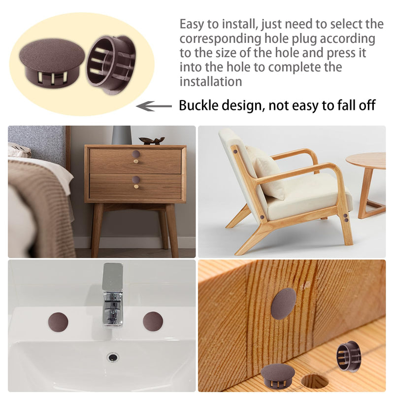 320Pcs 8 Sizes Brown Plugs Hole Plastic Hole Plugs Hole Round Plugs, Plastic Hole Cover Snap in Locking Hole Plugs for Kitchen Cabinet Furniture (3/16“, 1/4“,5/16“, 3/8“,1/2“, 5/8“, 1“, 11/2“)