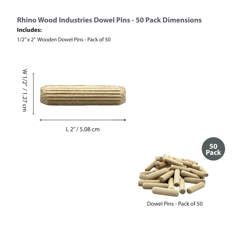 1/2" x 2" - 50 Pack Wooden Dowel Pins - Kiln Dried, Fluted, and Beveled (1/2" x 2", 50pk) 1/2" x 2"