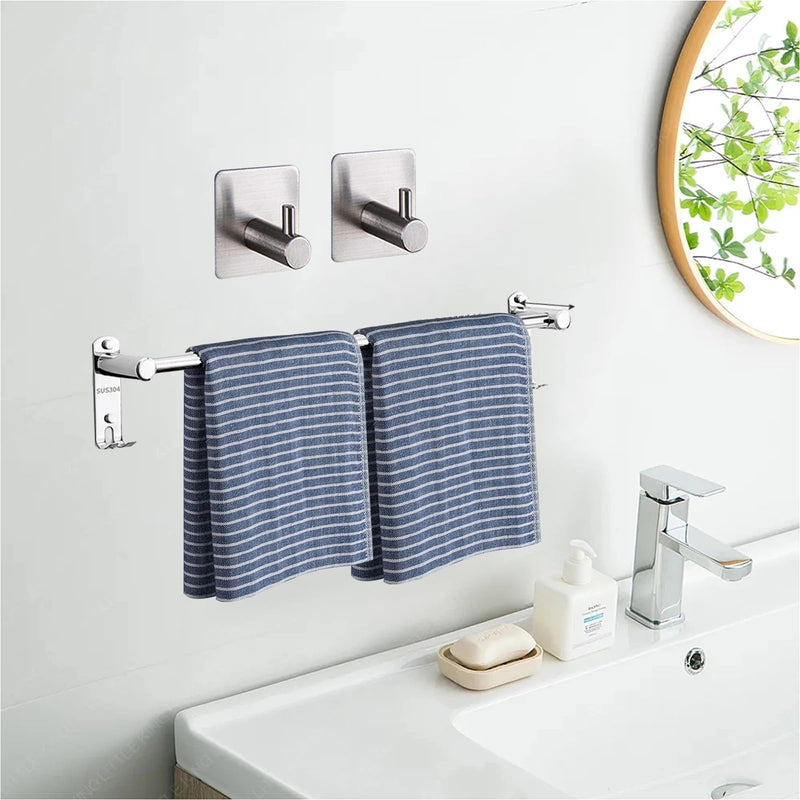3 Pcs Bathroom Hardware Set, Includes 17 to 30 in Adjustable Bathroom Towel Bar/Towel Rack 304 Stainless Steel Wall Mount, 2 Pcs Adhesive Towel Hooks for Kitchen or Bathroom