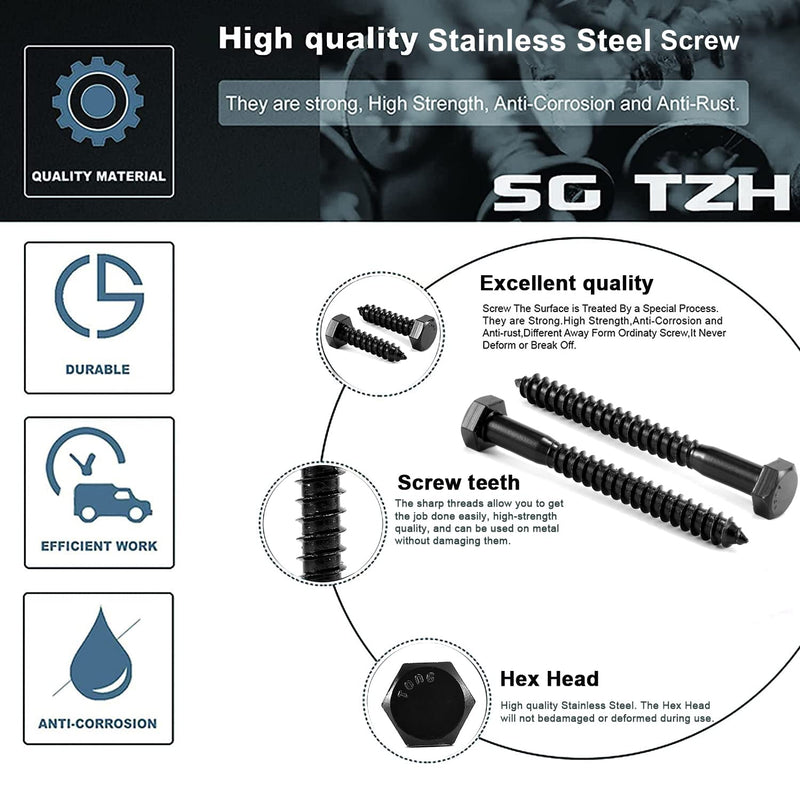 1/4" x 2" Hex Head Lag Screws Bolts 20Pcs 304 Stainless Steel 18-8, Partial Thread, Hexagon Head Wood Screws Black Oxide by SG TZH 20 1/4" x 2"