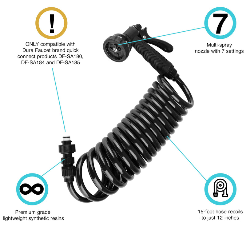 Dura Faucet DF-SA187-BK RV Exterior Quick Connect Sprayer with 7 Spray Settings and Coiled Hose Kit (Black) Black