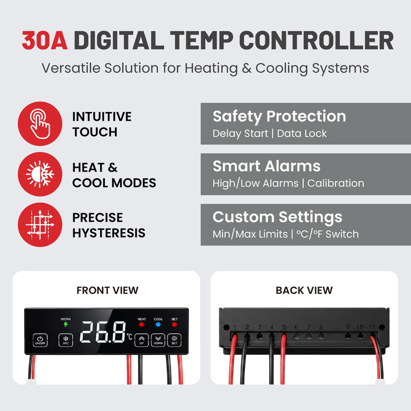30A Digital Temperature Controller 120V, ℃/℉ Switchable Touchscreen Heating Cooling Thermostat with -58℉ to 248℉ Range, 6.6ft Sensor for Garage Automation, Electric Brewery, Workshop, BBQ 1