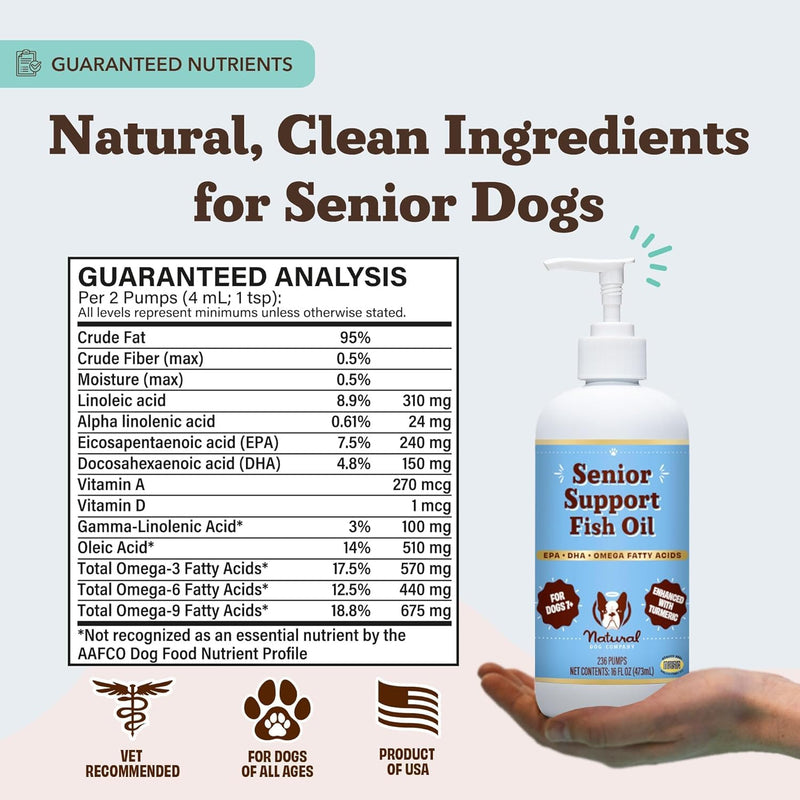 Natural Dog Company Omega 3 Fish Oil for Senior Dogs Supplement – Support Mobility, Skin, Coat, Heart & Brain, with Turmeric, Salmon & Fish Oil for Aging Dogs, Liquid Canine Supplement, 16oz 16 Oz