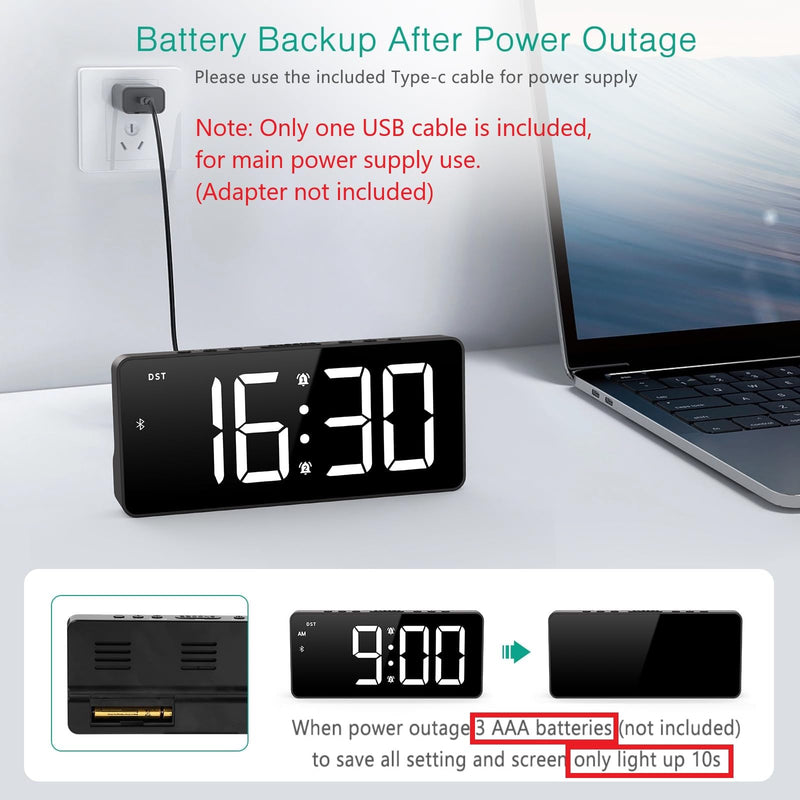 ORIA Digital Alarm Clock, LED Bedroom Clock with Bluetooth Sync Time, Auto Sync Time Alarm Clock, Adjustable Volume Brightness, Snooze, Rechargeable Large Display for Home Living Room