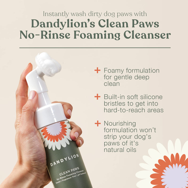 Dandylion Clean Paws | No-Rinse Puppy Paw Cleaner & Dog Paw Wash | Gentle, Fragrance-Free, pH Balanced Foaming Cleanser with Silicone Bristle Brush | Safe for All Dogs | 5 fl oz 5 Fl Oz Bottle with Brush
