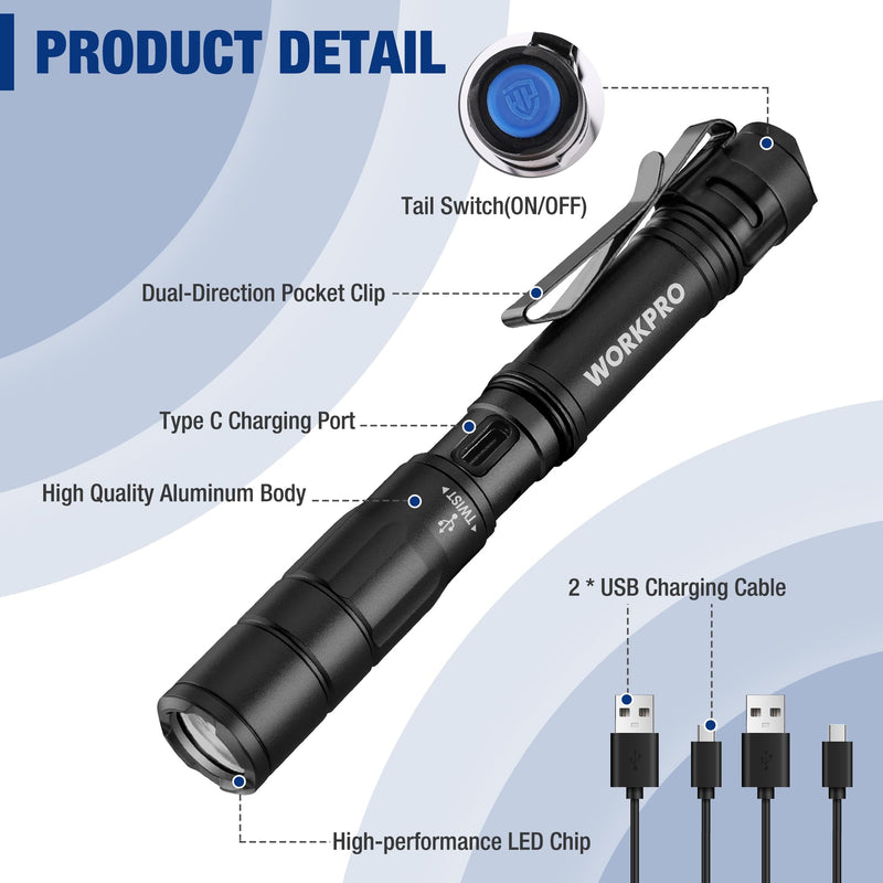 WORKPRO Rechargeable Pen Light, Mini Flashlight, 2 Pack Ultra-Compact EDC Flashlight, Pocket Flashlight with Clip, Memory Function and 2 x USB C Cable Included, Black
