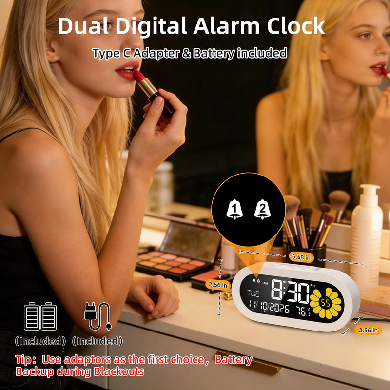 DOOMAY Digital Alarm Clock for Bedroom: Dual Alarm Bedside Clock VA LCD Display with Seconds, 9-Minute Snooze and Weekend Mode, 3 Brightness, 4 Alarms and 3 Volume Levels，Type C & Battery Included White