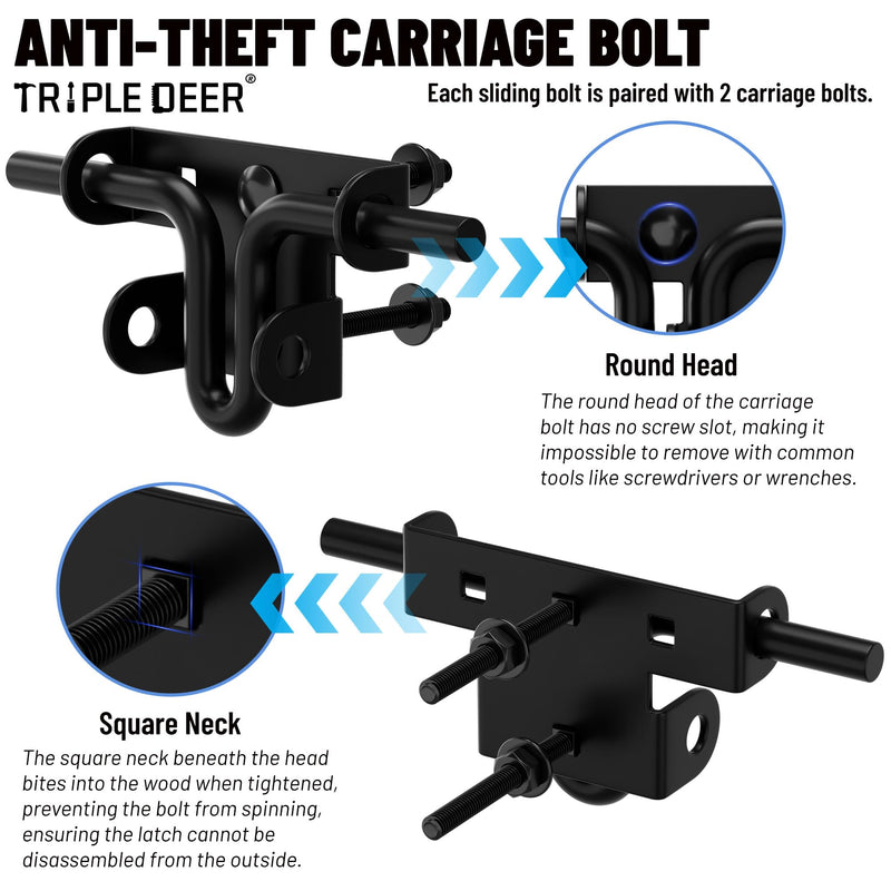 TRIPLE DEER Heavy Duty Sliding Bolt Gate Latch with Padlock Hole & Carriage Bolt, Slide Bolt Hardware for Wooden Fence/Yard Fence/Shed Door/Barn Door, Black, 4 Pack