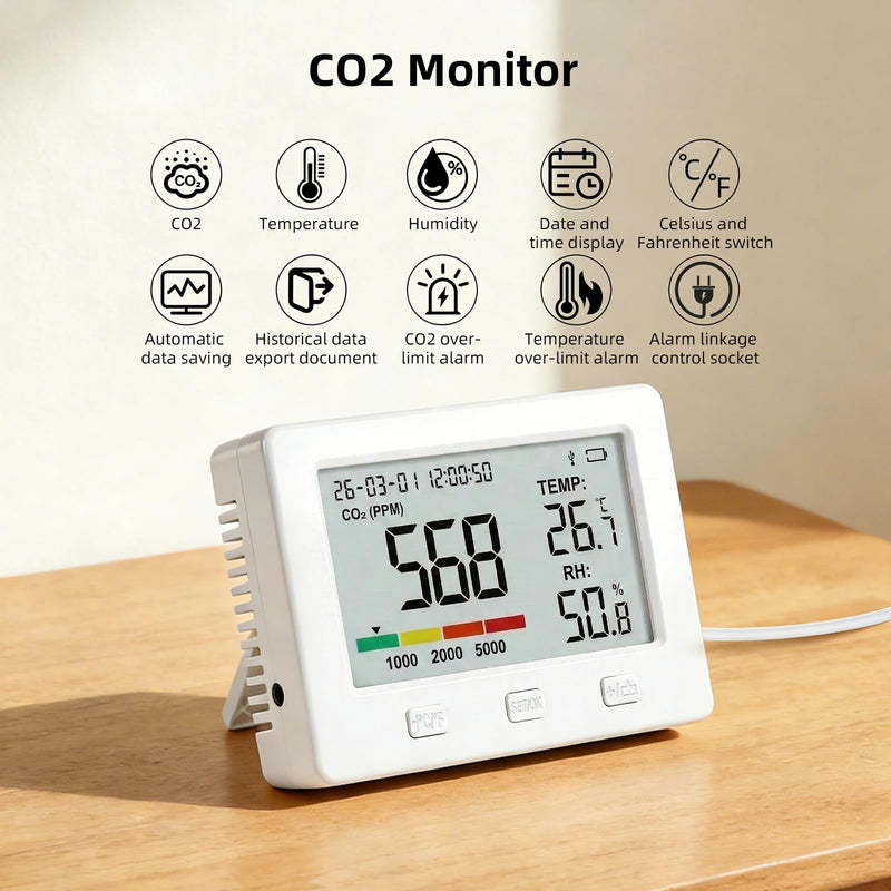 TW22 CO2 Monitor, Indoor Air Quality Meter with Temperature Humidity Monitoring, Over-Limit Prompt Control, Data Logging and USB Export for Home, Office, Room and Grow Farm