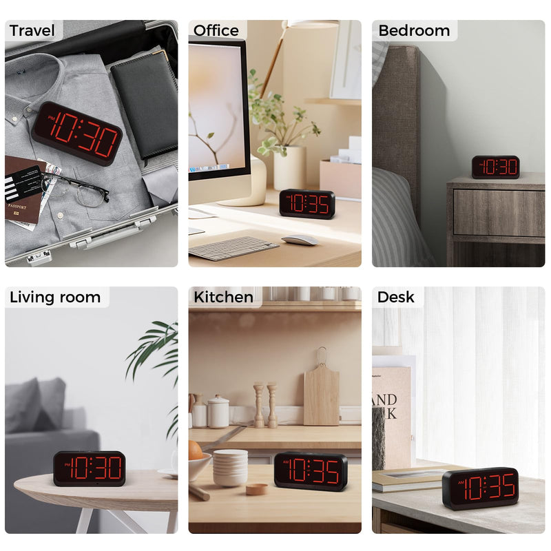 Battery Operated Digital Clock: Cordless Small Alarm Clock for Bedroom Travel - Large Numbers 4 Dimmers for All Ages Red Digits
