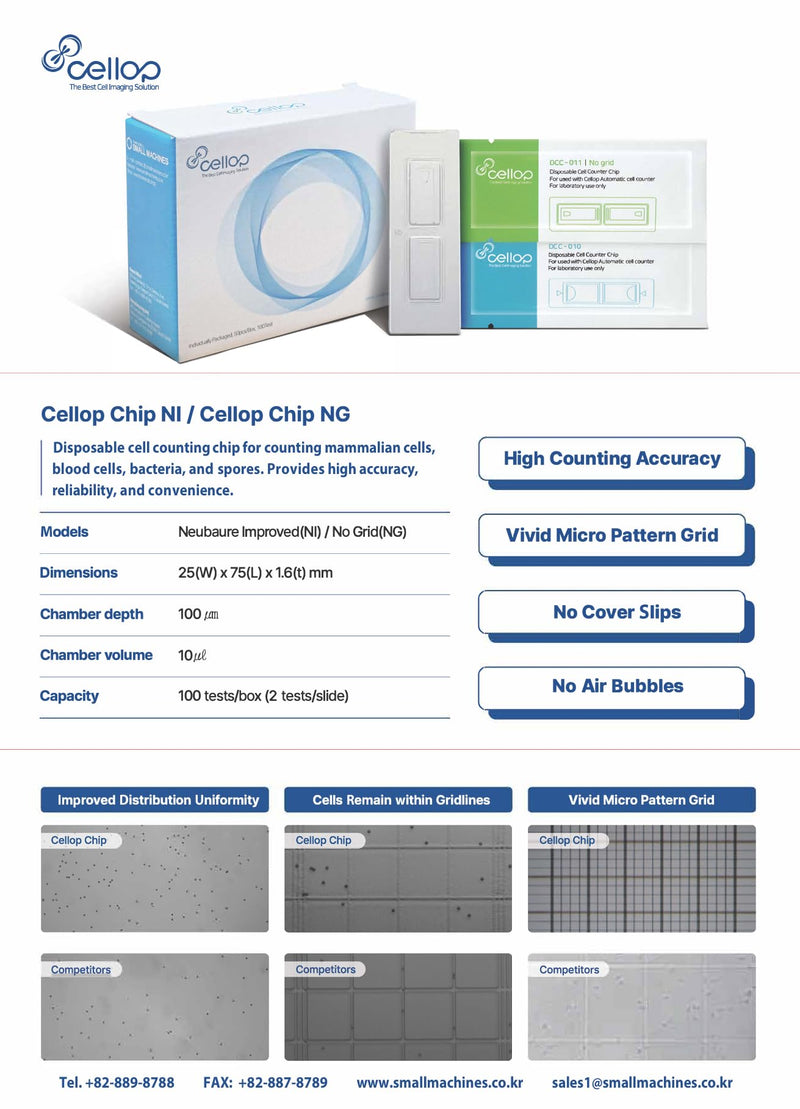 Cellop-Chip Disposable Hemocytometer, Neubauer Improved (NI) Counting Chamber, 10µL Volume, 1.6mm Thickness, for Cell Counting, Microscopy Lab Use – 50 pcs/Box