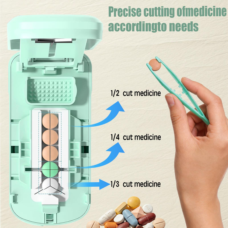 Pill Cutter Splitter - 1/2 1/3 1/4 Tablet Slicer for Tiny Large Pills, Centering Device, Stainless Steel Blade, Pill Crusher for Fine Powder, Portable with Storage Bag, Tweezers & Cleaning Brush