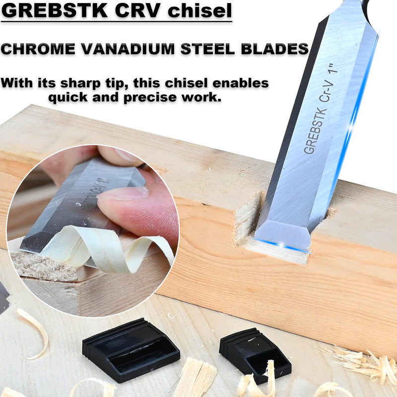 GREBSTK 9.5in Wood Chisel Set for Woodworking, 4pcs Chrome Vanadium Steel Bevel-Edge Bench Chisels with Cap, Comfortable Beech High Impact Handle 2#chisel