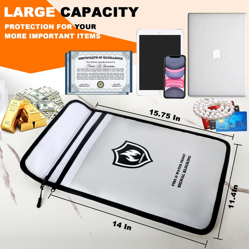 6200°F Upgraded Fireproof Document Bag, 15.7 x 11.4 Faraday Bag, Fireproof Money Bag with Zipper/Reflective Strip, 18 Layers of Heat Insulated Materials, RFID Blocking Bag Protects Devices Silver Gray Large