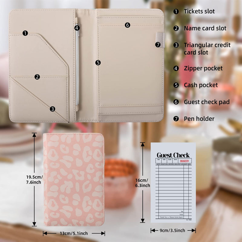 Server Book, Waitress Book, Server Books for Waitress/Waiter with Zipper Pocket Waitress Book Organizer Checkbook Leopard Pattern 8x5 Inch Pink Leopard