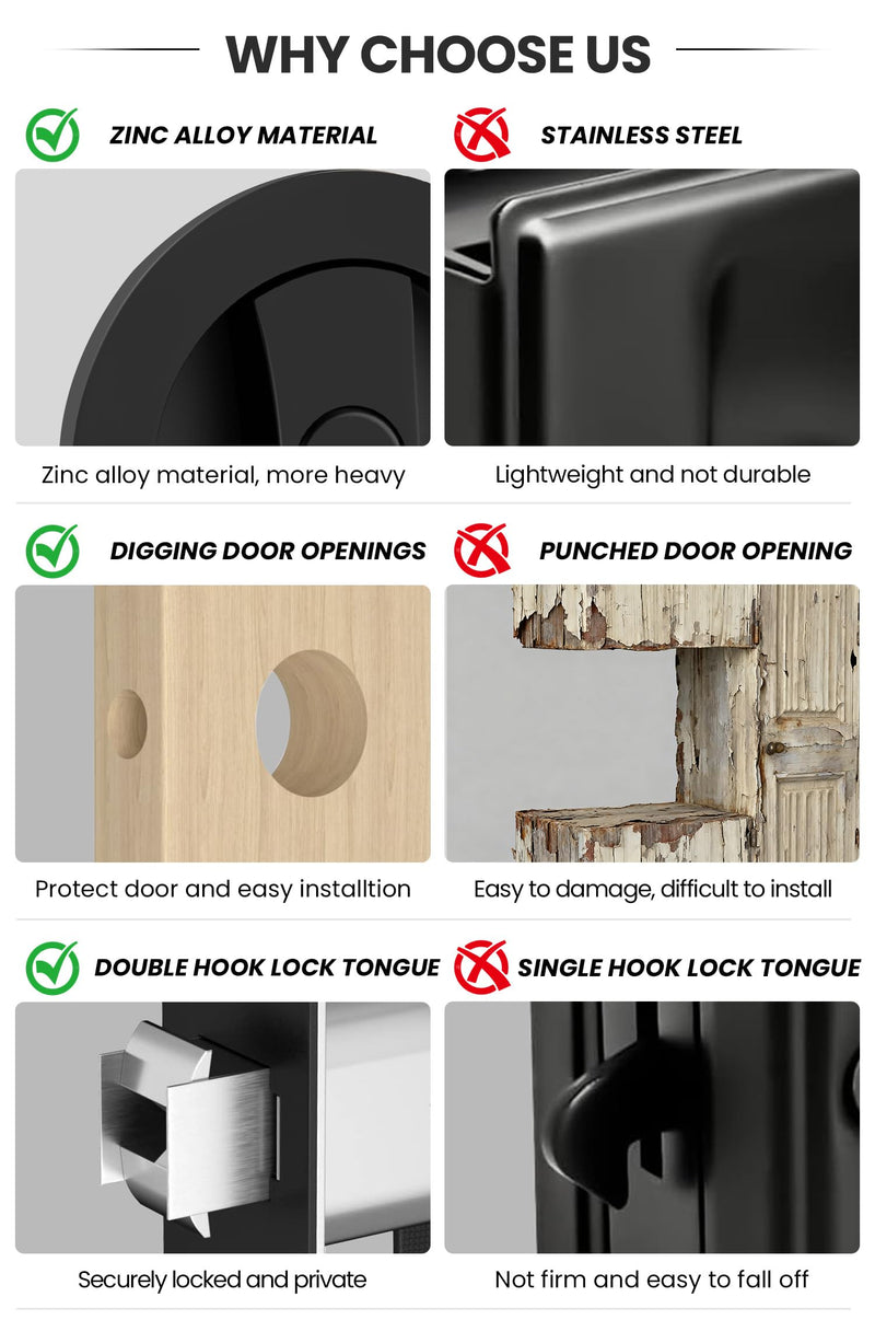 goldenwarm Matte Black Round Pocket Door Lock, Pocket Door Hardware for 2-1/8'' Round Bore Hole, Pocket Door Handles Fit 1-1/4'' to 2'' Thickness Sliding Door 2-3/8'' Latch 1 Pack Classic 1 Pack